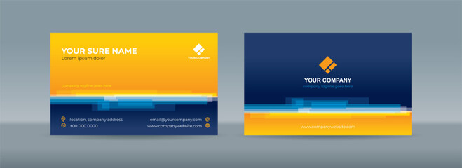 Set of double sided business card templates with random horizontal stacked transparent white bars on yellow blue background