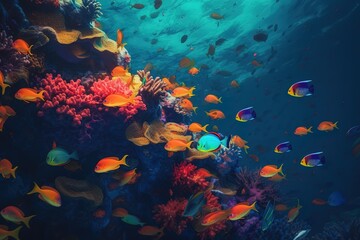 Naklejka na ściany i meble colourful fishes illustration inside water. Generative AI
