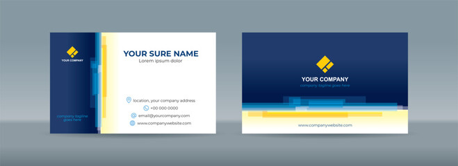 Set of double sided business card templates with random horizontal stacked transparent white bars on white blue background