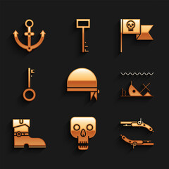 Set Pirate bandana for head, Skull, Vintage pistols, Sunken ship, Leather pirate boots, key, flag with skull and Anchor icon. Vector