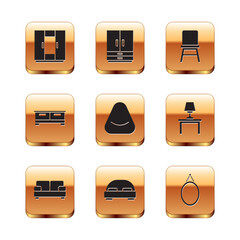 Set Wardrobe, Sofa, Big bed, Pouf, Chest drawers, Chair, Mirror and icon. Vector