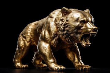 Golden statue of bear on black background. Digitally generated AI image