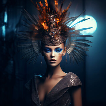 an avant-garde high fashion portrait wearing an intricate headpiece, fictional person created with generative ai