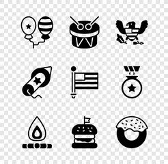 Set Balloons, Drum and drum sticks, Eagle, Campfire, Burger, Donut, Firework and American flag icon. Vector
