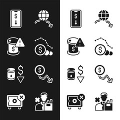 Set Dollar rate decrease, Drop in crude oil price, Mobile stock trading, Global economic crisis, Employee dismissal and Safe icon. Vector