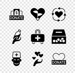Set Donation and charity, Leaf in heart, Volunteer, Male doctor, Heart hand, water and First aid kit icon. Vector