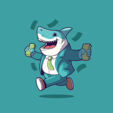 Shark character in a suit running with money vector illustration. Politics, corruption, funny design concept.