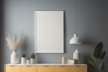 Beautiful mockup frame on the cabinet in a living room interior on empty dark wall background. Generative AI.