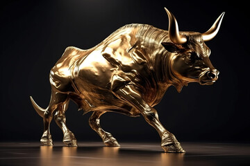 Golden statue of a bull on black background. Digitally generated AI image