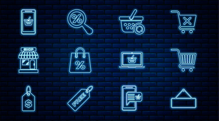 Set line Signboard hanging, Shopping cart, Refresh shopping basket, bag with percent, Market store, Mobile and, on laptop and Magnifying glass icon. Vector
