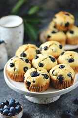 Homemade blueberry muffins with butter and milk.