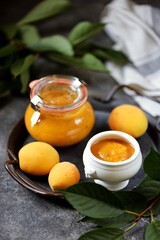 Homemade peach chutney with raisin and spices. Healthy food.