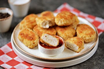 Homemade chicken nuggets fried in olive oil.