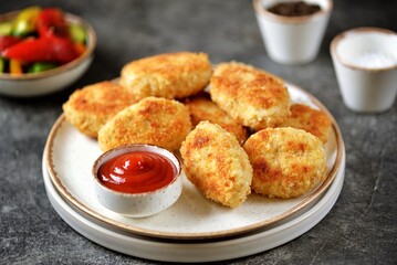 Homemade chicken nuggets fried in olive oil.