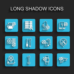 Set line Toaster service, Wrench, Printer, Smartwatch, Security camera, Screwdriver and wrench, Location and Power bank icon. Vector