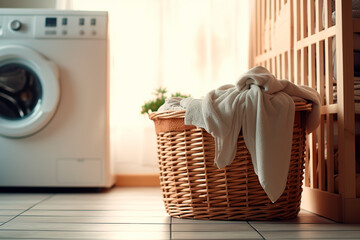 Laundry basket on the background of the washing machine. Generative AI