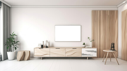 Modern white room interior with wooden design cabinet. Generative AI