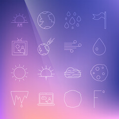 Set line Fahrenheit, Moon, Water drop, Comet falling down fast, Weather forecast, Sunrise and Wind icon. Vector