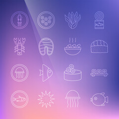Set line Puffer fish, Sushi on cutting board, Seaweed, Fish steak, Lobster, Octopus plate and soup icon. Vector