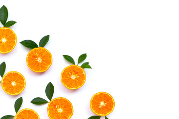 Fototapeta na wymiar Orange fruits on white background. Citrus fruits low in calories, high in vitamin C and fiber