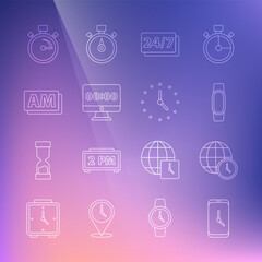 Set line Alarm clock app mobile, World time, Smartwatch, Clock 24 hours, on monitor, AM, Stopwatch and icon. Vector