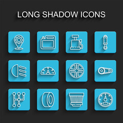 Set line Gear shifter, Car tire, service, air filter, Speedometer, Timing belt kit and Alloy wheel icon. Vector