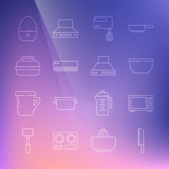 Set line Knife, Microwave oven, Bowl, Electric mixer, Air conditioner, Cooking pot, Kitchen timer and extractor fan icon. Vector