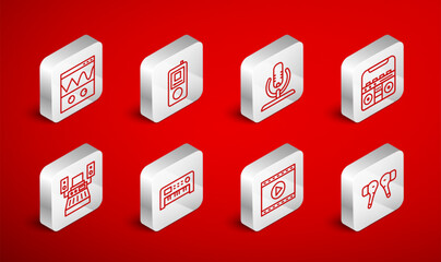 Set line Air headphones, Music player, Microphone, Home stereo with speakers, Online video, Oscilloscope, synthesizer and recording studio icon. Vector