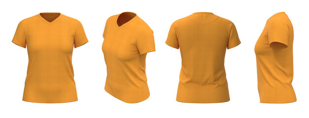 Women's T-shirt template, from four sides, isolated,  Orange Color