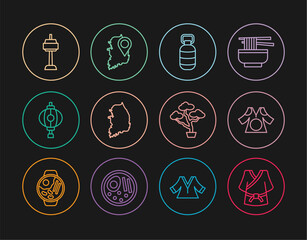 Set line Kimono, Korean lantern, South map, N Seoul tower in, Bonsai tree and icon. Vector