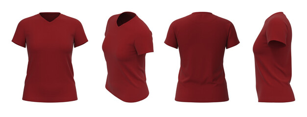 Women's T-shirt template, from four sides, isolated,  Red Color