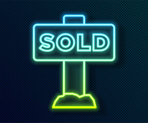 Glowing neon line Hanging sign with text Sold icon isolated on black background. Sold sticker. Sold signboard. Vector
