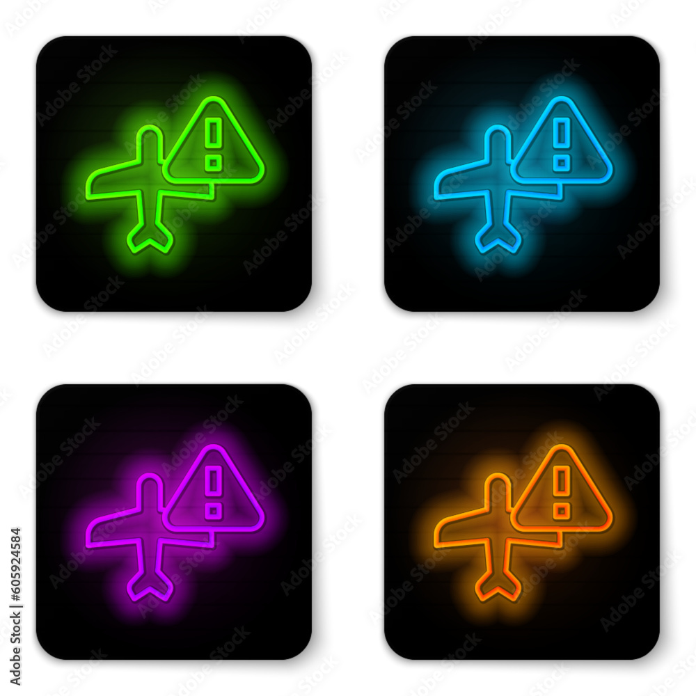 Sticker Glowing neon line Warning aircraft icon isolated on white background. Faulty plane. Flying prohibition zone. Plane is forbidden for transportation and travelling. Black square button. Vector