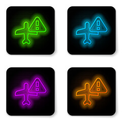 Obraz premium Glowing neon line Warning aircraft icon isolated on white background. Faulty plane. Flying prohibition zone. Plane is forbidden for transportation and travelling. Black square button. Vector