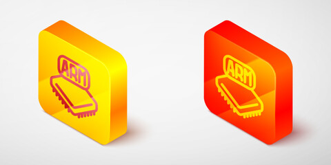 Isometric line Processor icon isolated on grey background. CPU, central processing unit, microchip, microcircuit, computer processor, chip. Yellow and orange square button. Vector