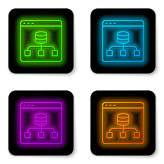 Glowing neon line Server, Data, Web Hosting icon isolated on white background. Black square button. Vector