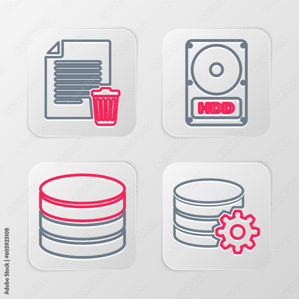 Poster set line setting database server, database, hard disk drive hdd and delete file document icon. vecto