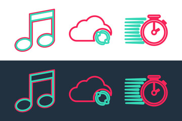 Set line Stopwatch, Music note, tone and Cloud sync refresh icon. Vector