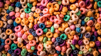 Fototapeta na wymiar Multicolor cereal rings as food background, generative AI.