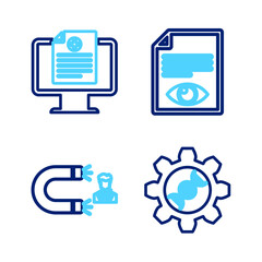 Set line Genetic engineering, Customer attracting, Paper page with eye and Clinical record on monitor icon. Vector