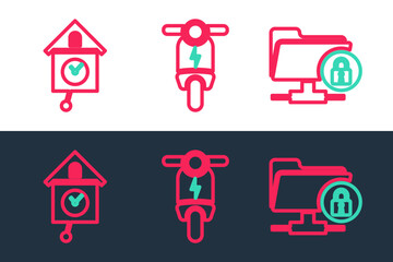 Set line FTP folder and lock, Retro wall watch and Electric scooter icon. Vector