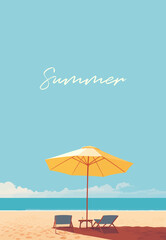 Summer holidays. Sunny umbrella with sun loungers on a sandy beach. Vertical Orientation. Vector illustration for covers, prints, posters - obrazy, fototapety, plakaty
