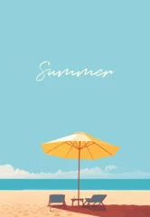 Schilderijen op glas Summer holidays. Sunny umbrella with sun loungers on a sandy beach. Vertical Orientation. Vector illustration for covers, prints, posters © Maksim Kostenko