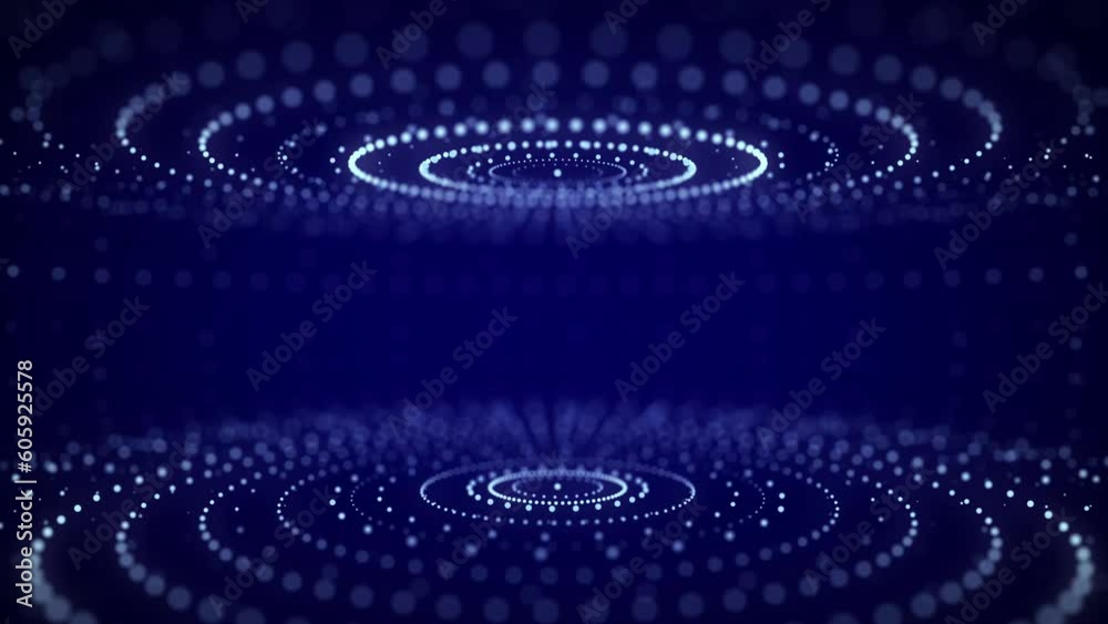Poster Futuristic blue circular particle flow. Structure of network connections. Data compression technology. Big data visualization. 3D rendering.