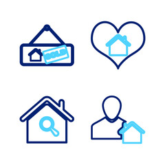 Set line Realtor, Search house, House with heart shape and Hanging sign Sold icon. Vector