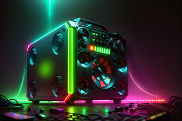 Fototapeta na wymiar A ghetto blaster radio boombox with neon lighting. AI-generated, fictional, fiction, illustration