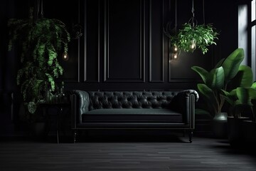Obraz premium Black interior modern classic. A large black sofa, a sofa in expensive fabric, a green houseplant. Black dark room