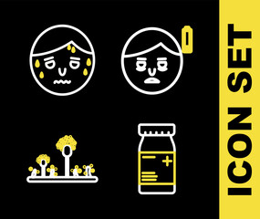 Set line Fatigue, Medicine bottle and pills, Mold and Man with excessive sweating icon. Vector
