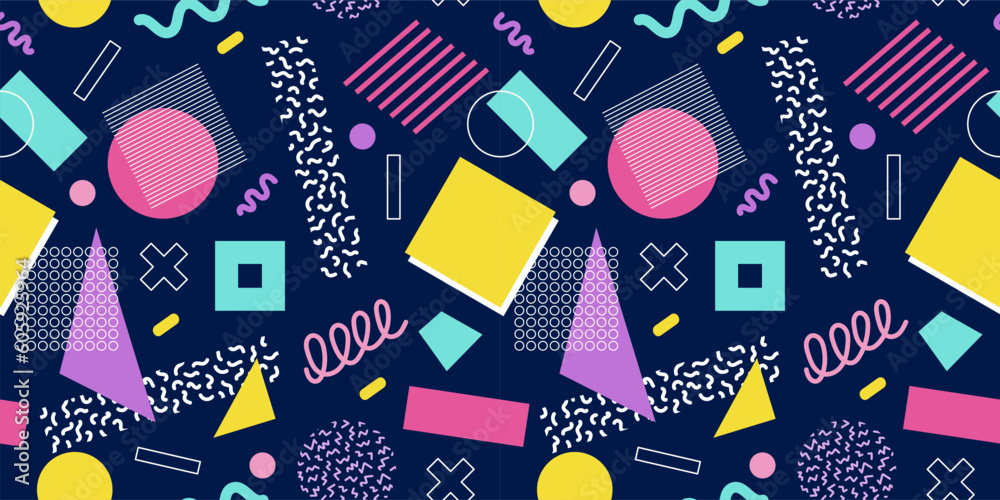Wall mural abstract seamless pattern 80s 90s with geometric shapes in the memphis style. vector retro hipster p