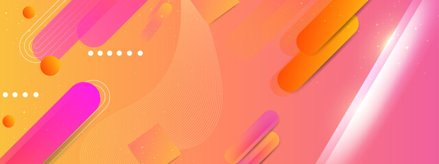 Yellow orange red abstract background for design. Geometric shapes. Triangles, squares, stripes, lines. Color gradient. Modern, futuristic. Light dark shades. Web banner